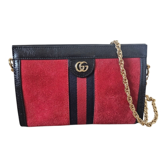 Gucci Ophidia Small Shoulder Bag Red Suede Leather & Black Patent - Picture 1 of 15